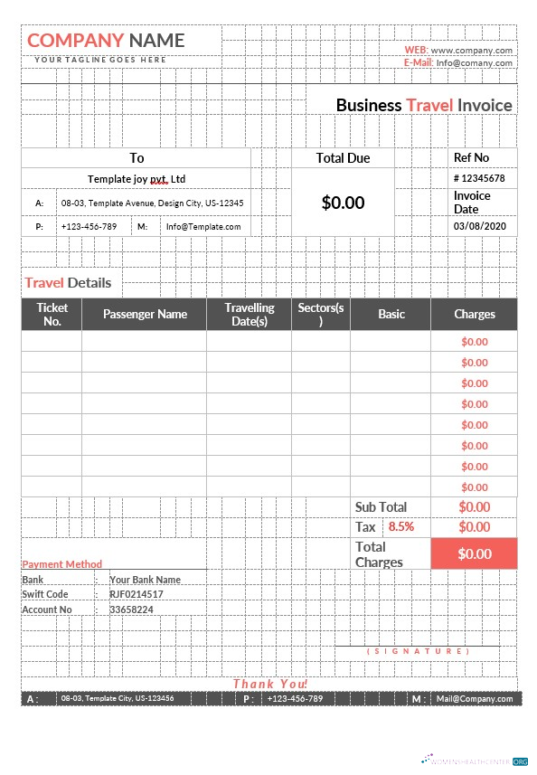 Download Business Travel Invoice Template Photoshop template